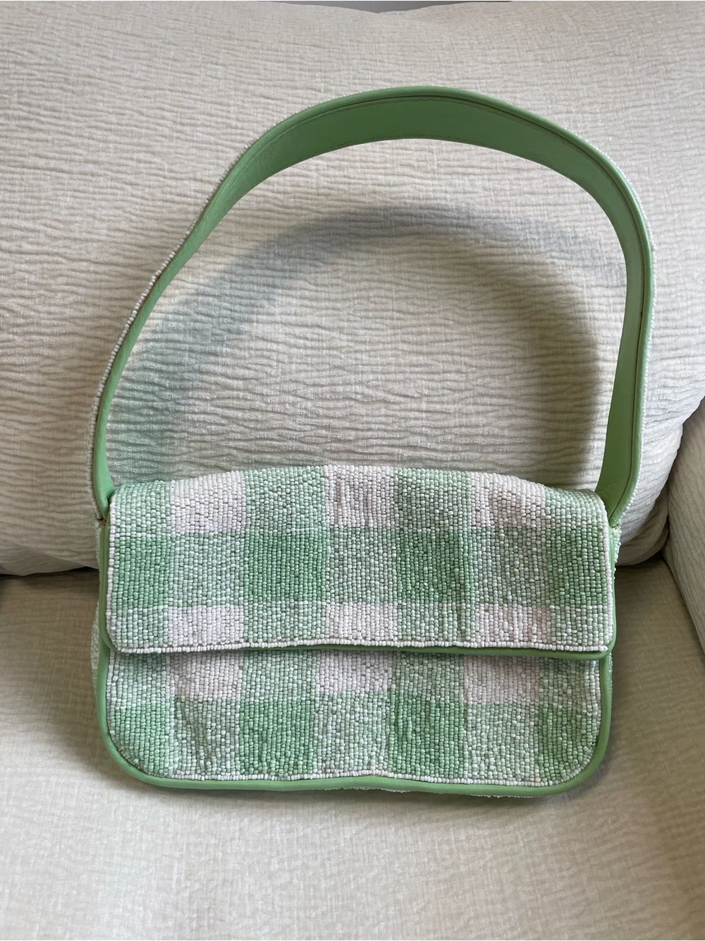 STAUD Green and White Checkered Beaded Shoulder Bag